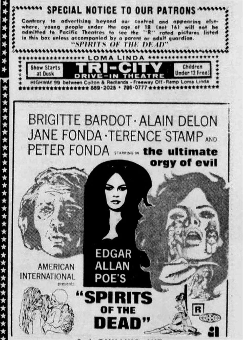 Peter Fonda - Tri-City Drive-In theater advertisement for the horror anthology film, Spirits of the Dead (1968). From the 24 September 1969 San Bernardino Sun. This advertisement consists of drawings
