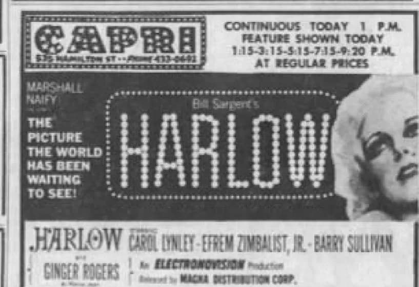 Jean Harlow - Capri Theater advertisement for the American film Harlow (1965) - 14 May 1965 Morning Call, Allentown PA