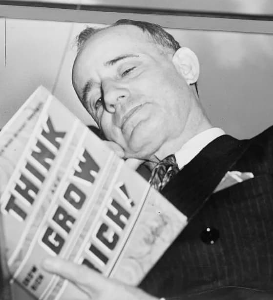Napoleon Hill - American self-help writer Napoleon Hill (1883-1970) holding his book, "Think and Grow Rich".