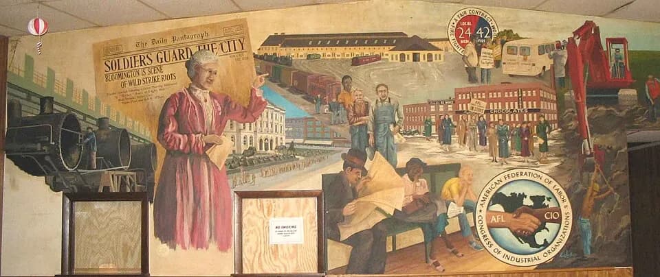 Mary Harris Jones - Bloomington Labor history mural: A 12 foot tall by 18 foot wide labor history mural adorns the inside of Laborers' Local 362's old hall, 2005 Cabintown Road, Bloomington, Illinois.