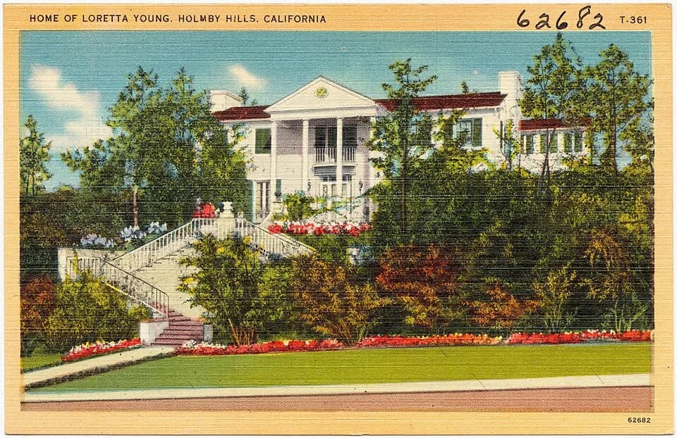 Loretta Young - Title: Home of Loretta Young, Holmby Hills, California
Subjects: Houses
Places: California > Los Angeles (county)
Notes: Title from item.
Extent: 1 print (postcard) : linen texture,