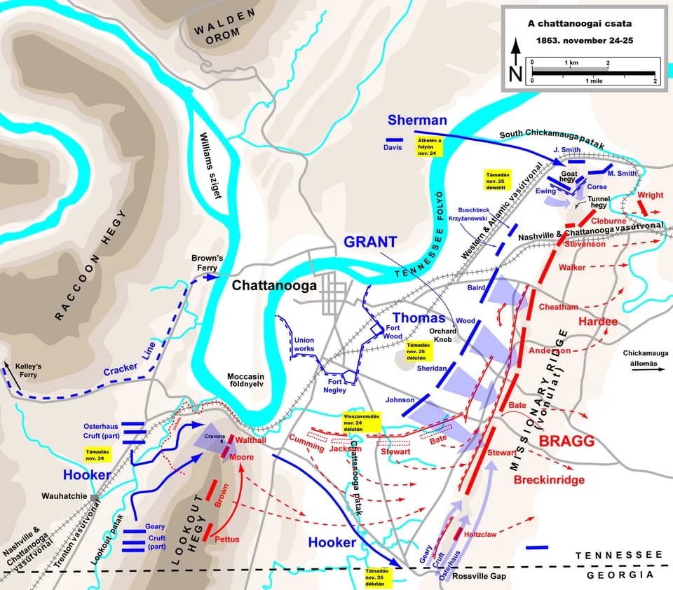 William Tecumseh Sherman - Map of part of the Chattanooga Campaign (the Battles for Chattanooga, Nov. 24-25, 1863) of the American Civil War. Drawn in Adobe Illustrator CS3 by Hal Jespersen. Graphic s