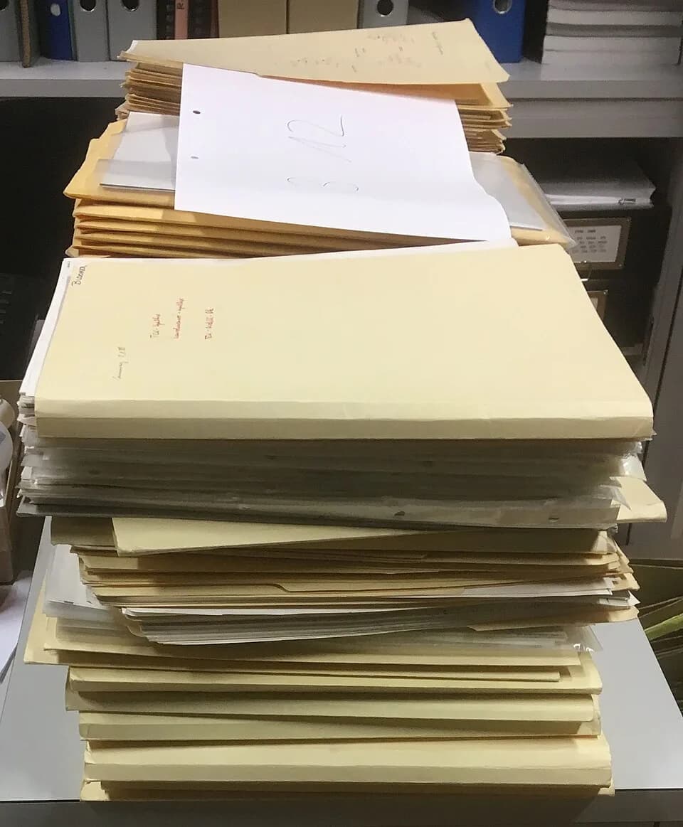 Robert Burns Woodward - Stacks of reports from the 77 postdoctoral researchers involved in the total syntheses of vitamin B12 by R.B. Woodward et al. at Harvard University