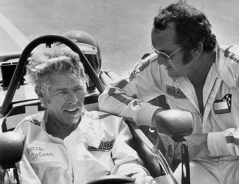 James Coburn - Photo of Bob Bondurant teaching actor James Coburn how to drive a race car.