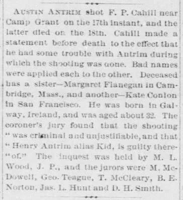 Billy the Kid - Tucson, Arizona newspaper article on Billy the Kid's (Henry McCarty Antrim) first killing, the shooting death of Francis "Windy" Cahill