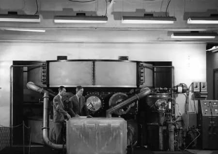 Norman Foster Ramsey - The cyclotron during construction in 1948. Shown are Dr. Norman Ramsey (L) and Dr. Lee Davenport (R).