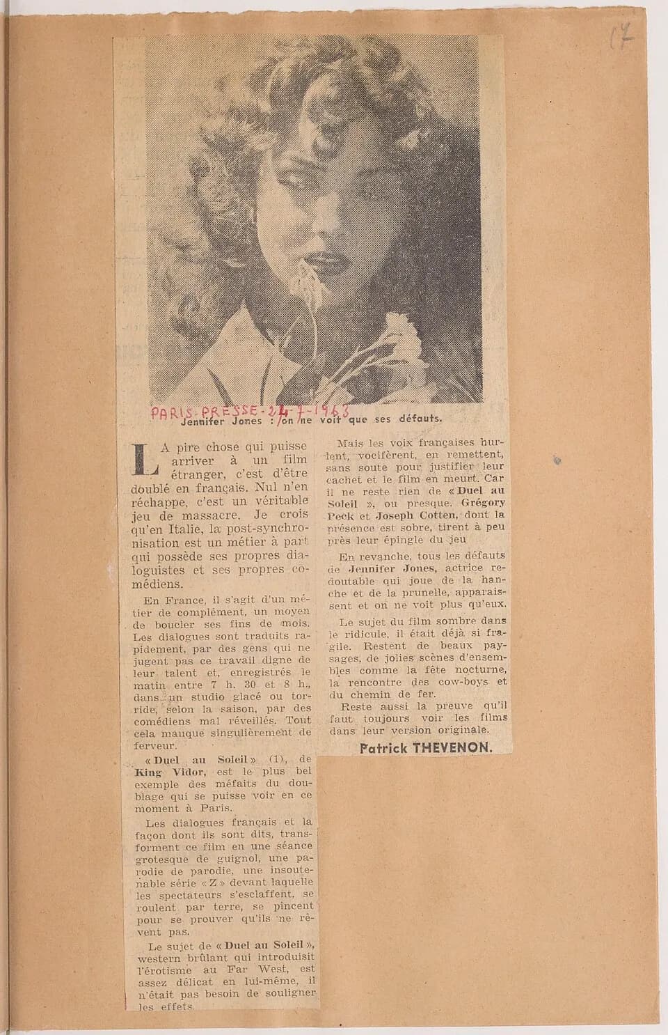 Jennifer Jones - Sujet : Duel in the sun
Contient : coupures de presse
Langue : français