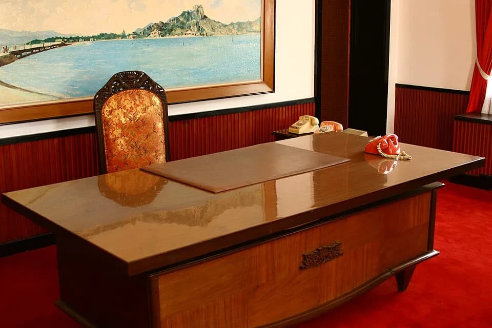 Nguyễn Văn Thiệu - Office of the President of Repubic of Vietnam in Reunification Palace, Ho Chi Minh city, Vietnam. Behind is the painting of Nguyen Van Thieu's hometown, Ninh Thuan.