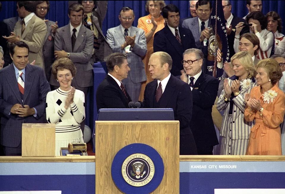 Ronald Reagan - President Gerald Ford, as the Republican nominee, shakes hands with nomination foe Ronald Reagan on the closing night of the 1976 Republican National Convention. Vice-Presidential Cand