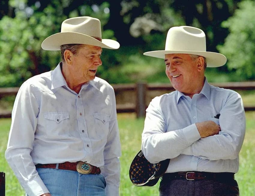 Ronald Reagan - Ronald Reagan and Mikhail Gorbachev relax at Reagan's California ranch. President Reagan gave this cowboy hat to Mikhail Gorbachev, which he promptly put on backwards.