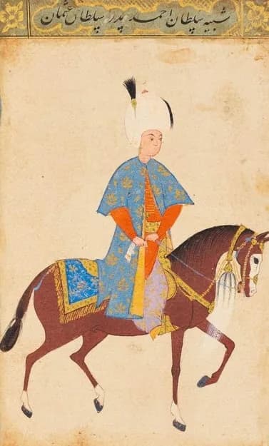 Ahmed I - Şehzade Ahmed I (Sultan Ahmed I later) in his youth.
Text of the inscription: شبيه سلطان احمد پور سلطان عثمان
(Ottoman Turkish / Persianized) şebīh-i Sulṭān Aḥmed pür-i Sulṭān ʿOsmān
“Th