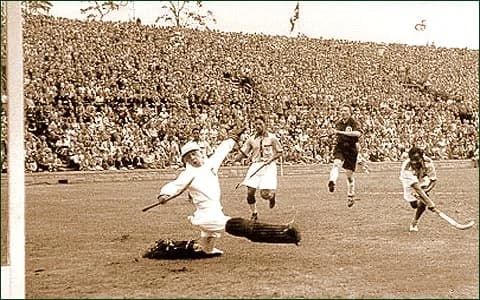 Major Dhyan Chand Singh - Classic shot of Hockey Wizard Dhyan Chand scoring a goal in the 1936 Olympic hockey final