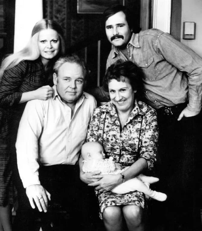 Rob Reiner - Photo of the Cast of the television program All in the Family. Standing are Sally Struthers (Gloria) and Rob Reiner (Michael); seated are Archie (Carroll O'Connor) and Edith (Jean Staple